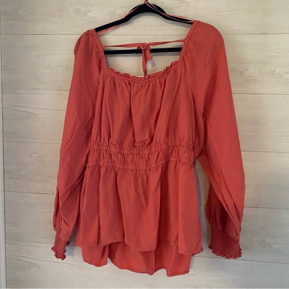 Ava & Viv Women's Long Sleeve Peplum Top in Coral Red Smocked with Tie 3X - Picture 7 of 7